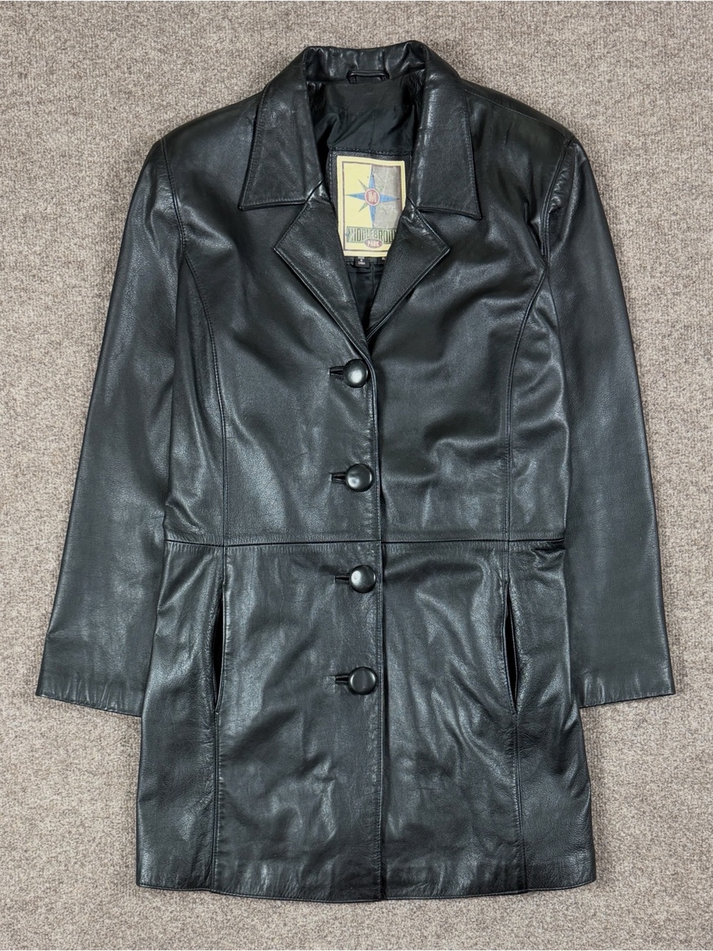 Middlebrook Park Black Leather Car Coat Mid Length Blazer Jacket Women’s XL Y2K